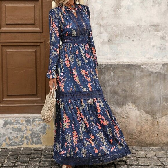 Multicolor Boho Women's Lace Splice Long Sleeve Cinched Waist maxi dress - Picture 6 of 7
